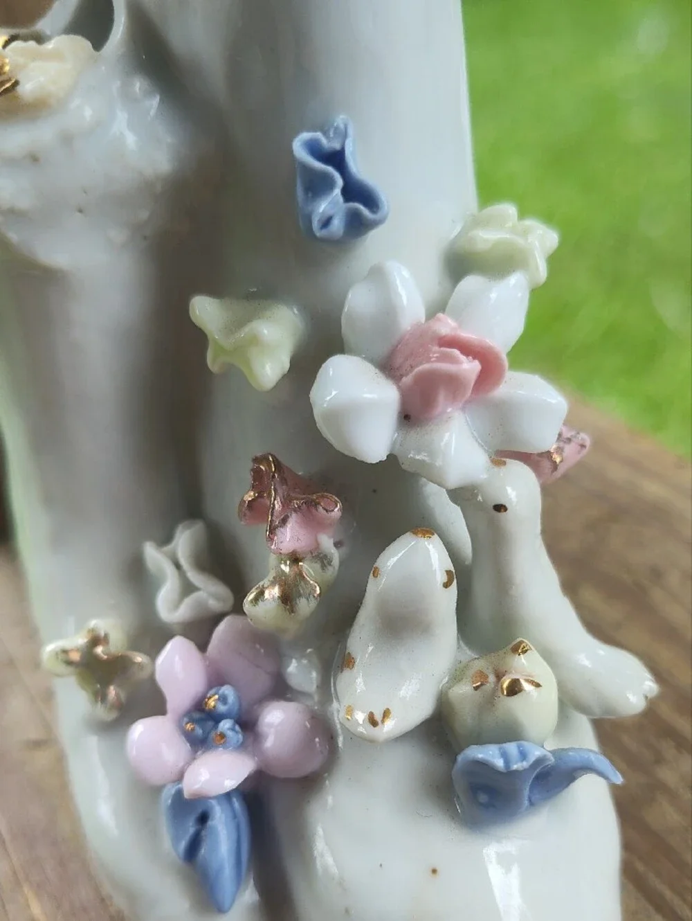 Vintage Porcelain Floral Double Bud Vase Boot with Gold Trim